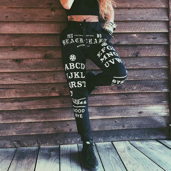 

women's pants & capris dark black letter printed women girls punk gothic pattern harem trousers elastic waist casual loose, Black;white
