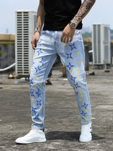 

men four-pointed star print tapered jeans 90sv#, Blue
