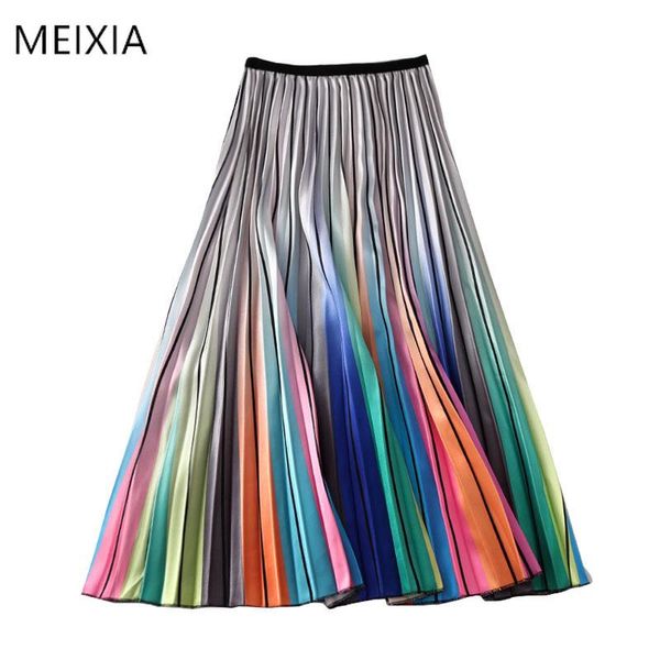 

skirts 2021 women's rainbow striped laser print european summer printing high waist a-line big swing pleated midi female, Black