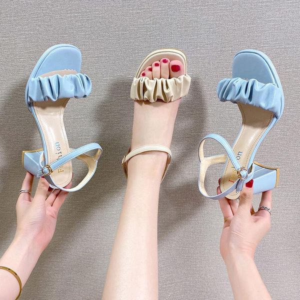

sandals low woman leather high heels 2021 summer clear shoes suit female beige buckle strap low-heeled high-heeled fashion black