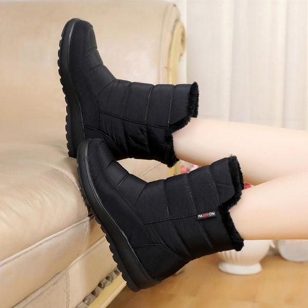 

boots women fashion women's snow winter ankle short bootie waterproof footwear warm shoes plush nylon female, Black