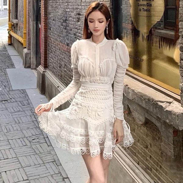 

casual dresses western style hollow embroidery chiffon for women 2021 slim waist above knee drawstring long sleeves princess dress, Black;gray