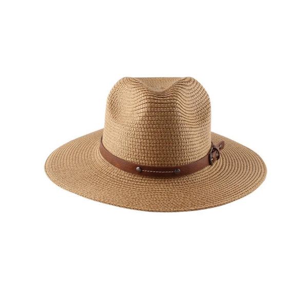 

wide brim hats men women straw fedora panama sun hat with buckle belt leather pu cap jazz summer trilby protection, Blue;gray