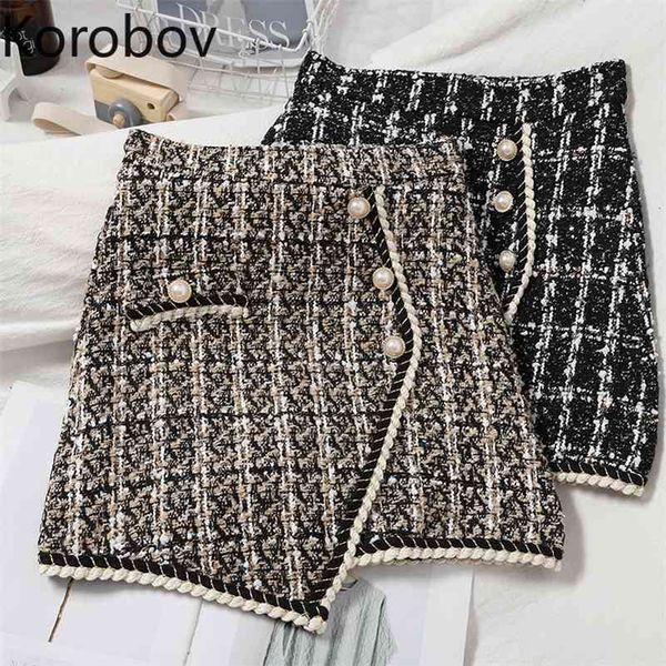 

korobov autumn winter new plaid knit skirts vintage button irregular elegant chic faldas mujer office lady mini skirts 210430, Black