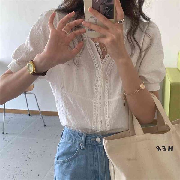 

women's blouses & shirts lace hook flowers casual v-neck high waist brief summer streetwear all match sweet loose qm19, White