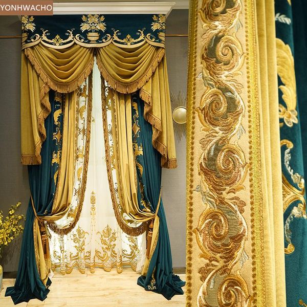 

custom curtain high-grade luxury flannel living room embroidery blue thick velvet cloth blackout valance tulle c407 & drapes