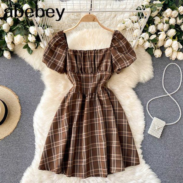 

women retro plaid dress korean puff sleeve square collar a-line office dresses summer casual streetwear short sundress 210715, Black;gray
