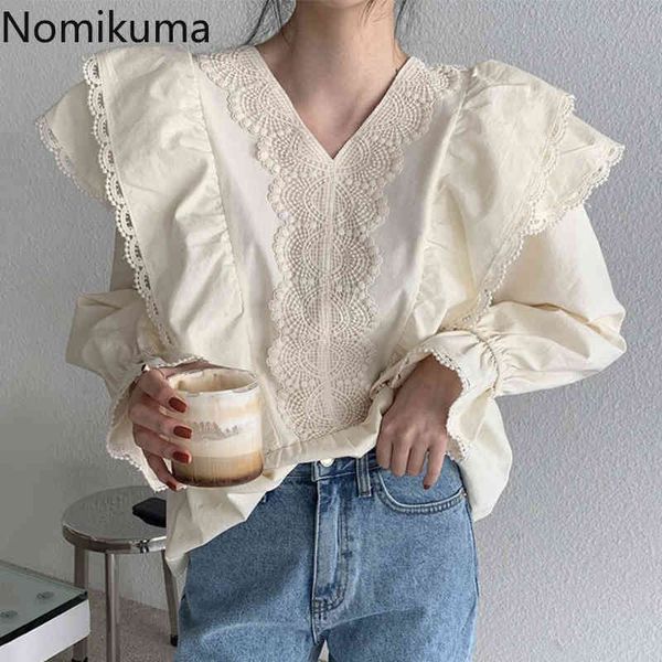 

nomikuma autumn chic v-neck women shirt korean lace patchwork ruffle blouse new flare long sleeve slim waist blusas 6d285 210427, White