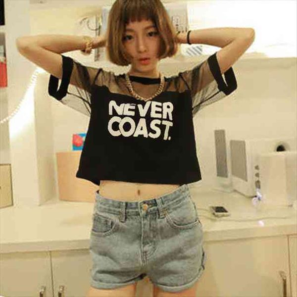 

crop sleeve mesh see womens t shirt through short for pl2, White