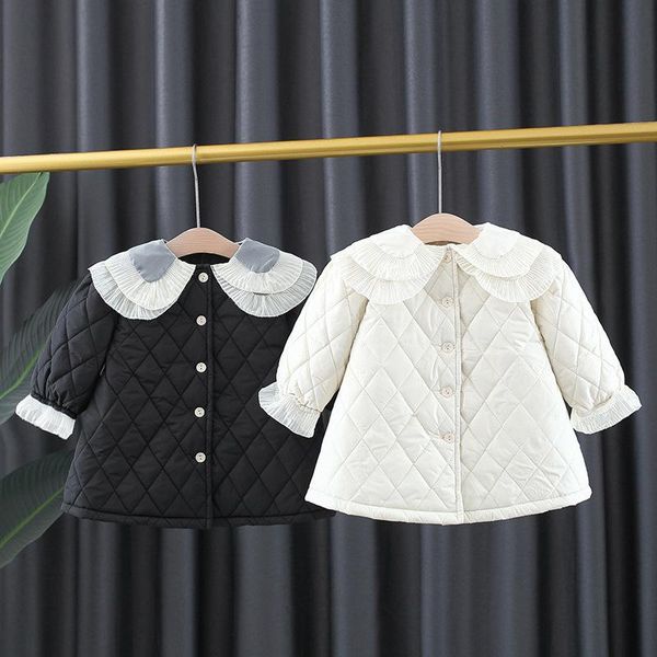 

down coat 2021winter baby girls lapel lace jacket thick, Blue;gray