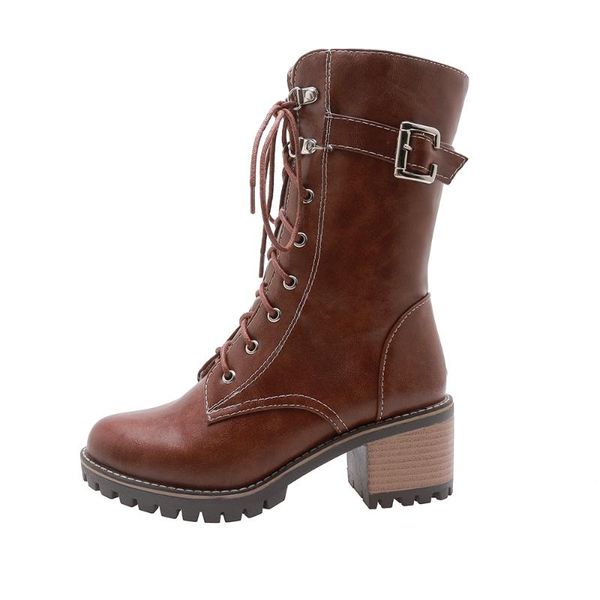 

boots winter for woman fashion consice shoes chunky heels brown green buckle cross tied clear matin 34-45, Black
