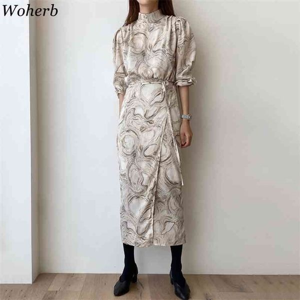 Koreanische Elegante Stehkragen Runway Kleid Frauen Langarm Frühling Robe Kleider Vintage Print Maix Vestidos 210519