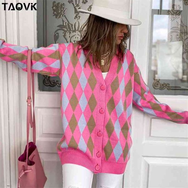 

women's clothing knitted sweaters diamond plaid single-breasted buttons loose casual knitted cardigan sweater 210918, White;black