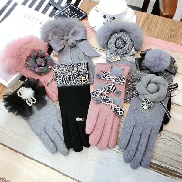 

gloves korean women' thickened warm bow touch screen in autumn and wter girls' lovely cyclg wter, Blue;gray