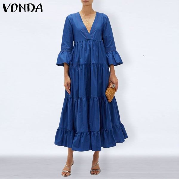

dresses women elegant office dress flare sleeve dresses 2021 vonda vintage solid party long sundress kaftan robe s-5xl, Black;gray