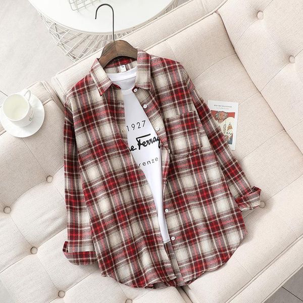 

women's blouses & shirts korean style loose long sleeve plaid shirt women cotton chic vintage ladies clothing, White