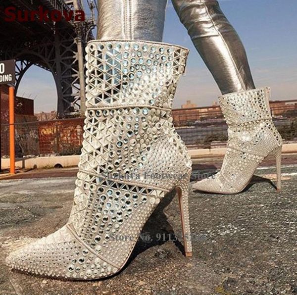 

boots surkova ladies bling gem embellished ankle crystal beaded wedding shoes thin high heel jewelry, Black