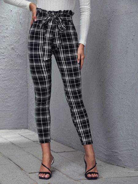 

paperbag waist self tie plaid pants u2ih#, Black;white