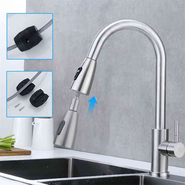 Torneira de cozinha pegada pega putam para baixo branco cozinha torneira Único buraco 360 graus escovado torneiras de níquel água mixer tap 210719