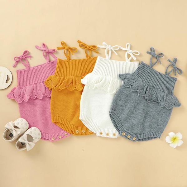 

jumpsuits canis baby girl sleeveless jumpsuit with buttons toddler solid color knitted ruffle casual clothing for spring summer, Blue