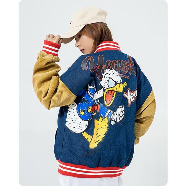 

men's jackets the west of loose cartoon printing neutral baseball uniform oversize corduroy double windbreaker coat, Black;brown