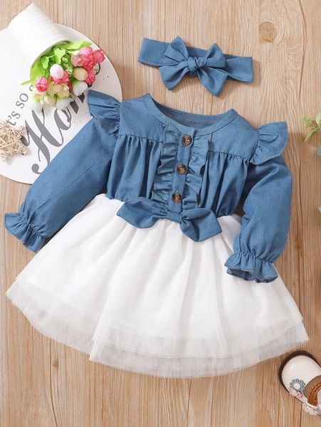 

baby ruffle bow front layered mesh hem denim dress & headband she, Red;yellow