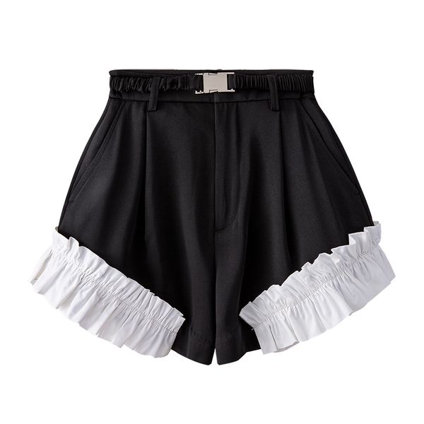 

women black daliy beach pleated patchwork ruffles all match shorts high waist loose fashion summer 16w869 210510, White;black