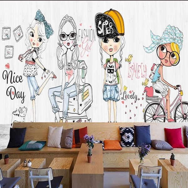 

drop custom wallpaper hand painted cartoon girl fashion show clothing shop wall mural children room wallpapers