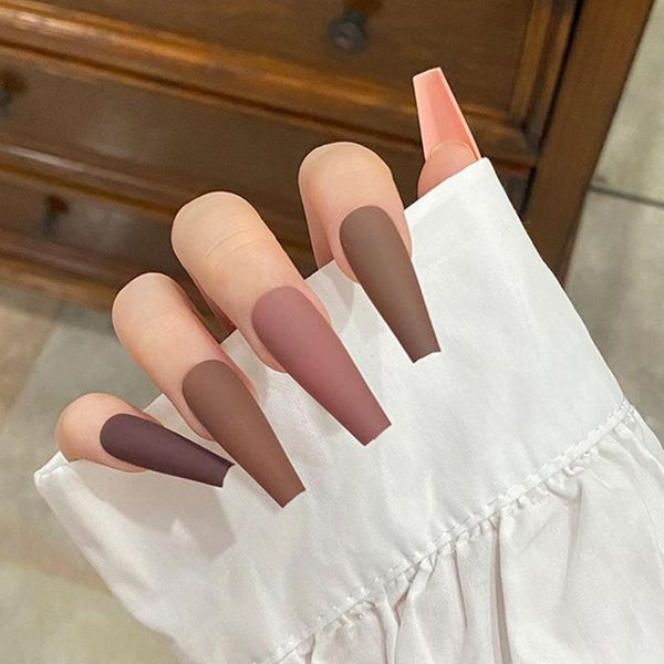 

false nails casual daily mature artificial tips press on detachable ballerina coffin pink brown chocolate long 24pc/set, Red;gold