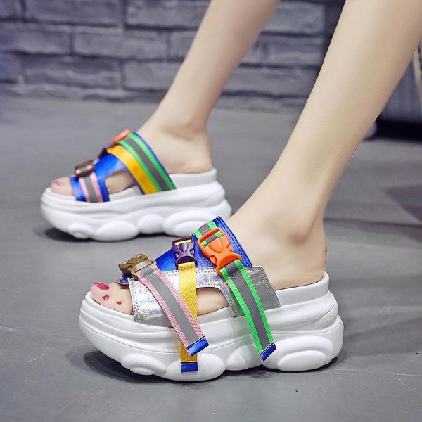 

summer buckle flip flops women's sandals fashion women 9 cm wedges platform shoes open toe woman flats beach slippers, Black