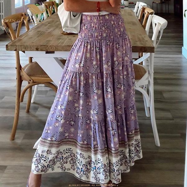 

floral print purple long maxi skirt vd1678 high waist full casual beach boho style women skirts, Black