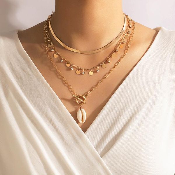 

pendant necklaces trendy sequins crystal tassel clavicle chain for women bohemian shell layered necklace female party jewelry collar, Silver