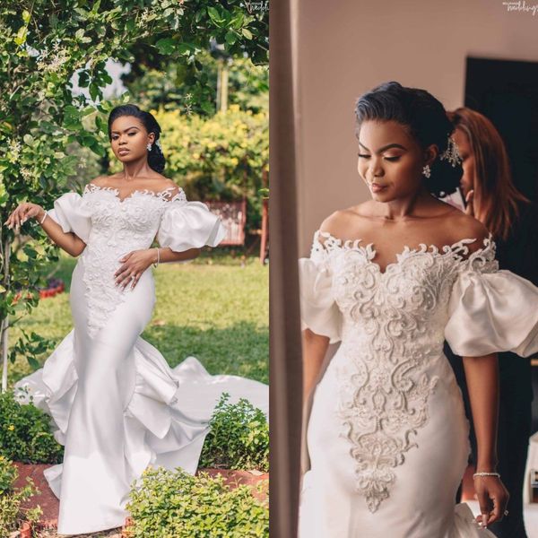 

african mermaid wedding dresses cap sleeve lace applique bridal gowns ruffles sweep train buttons back wedding dress, White