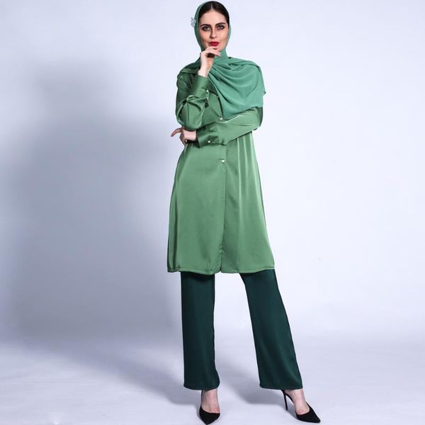 

ethnic clothing muslim women fashion 2 pieces autumn long trousers satin ensembles color abayas collar kaftan full cover suits, Red