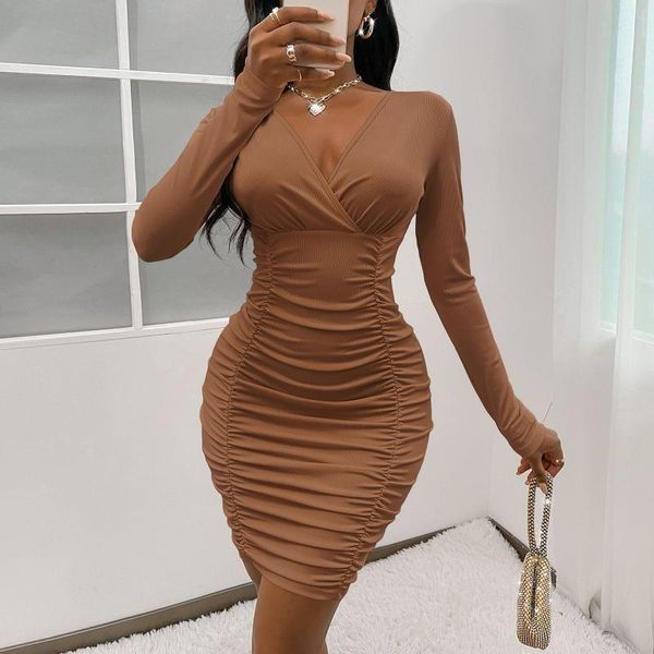 

casual dresses elegant fashion women's pleated pencil mini dress brown blue deep v neck long sleeve high waist body-shaping robe femme, Black;gray