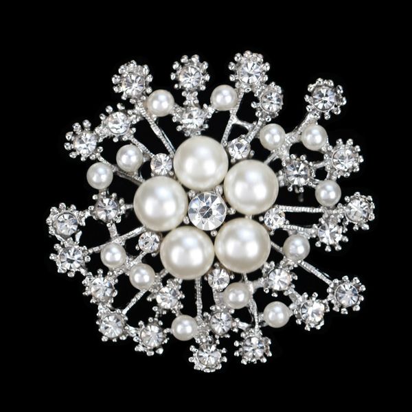 

gold plated brooch clear rhinestone crystal diamante cream pearl snowflake wedding brooch silver bridesmaid prom party pins, Gray