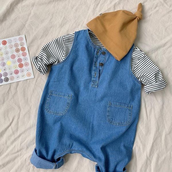 

infant boy and girl clothes set spring toddler kids denim strap jumpsuit + cotton striped t-shirt fashion baby clothing sets, White