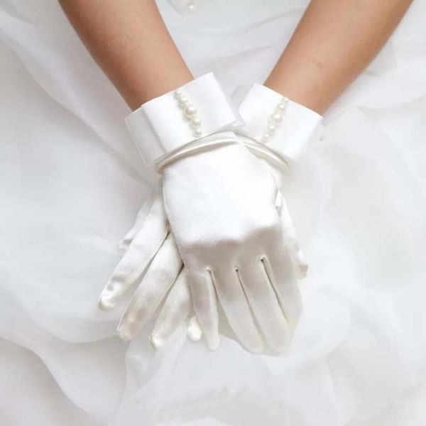 

five fingers gloves short full faux pearl beaded womens satin with bow, Blue;gray
