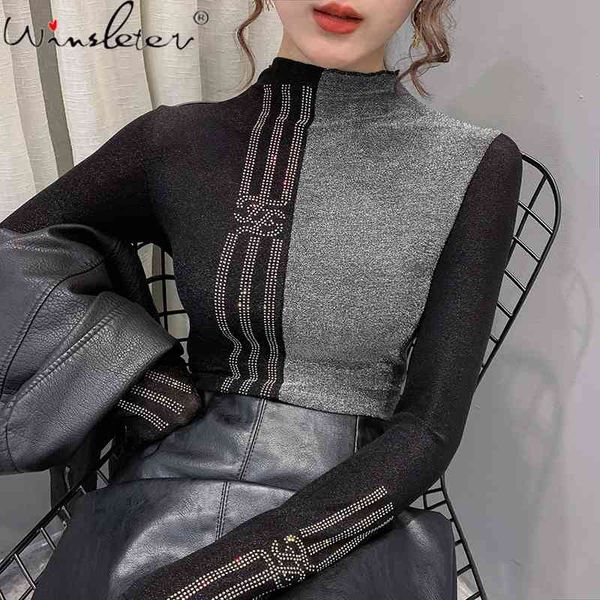 

women's t-shirt spring autumn european clothes t-shirt fashion shiny diamonds patchwork women ropa mujer bottoming shirt, White