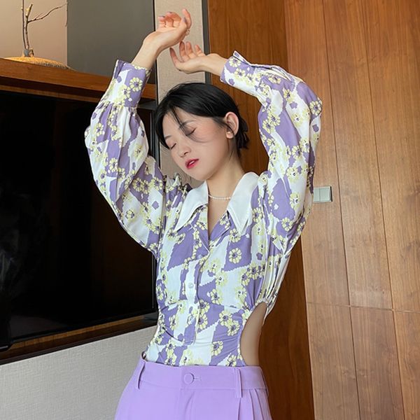 

fashion lapel open waist design sense summer korean version of purple print shirt women 16f0964 210510, White