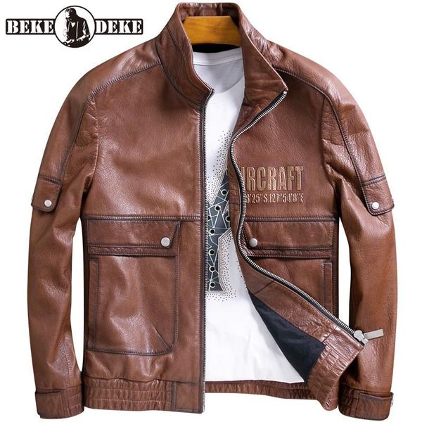 

men motorcycle natural leather jacket vintage stand collar zipper short biker coat street style sheepskin men's & faux, Black
