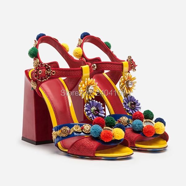 

ethnic multicolor jeweled appliques studded t-strap gladiator sandalias women runway shoes buckle strap chunky high heel sandals, Black