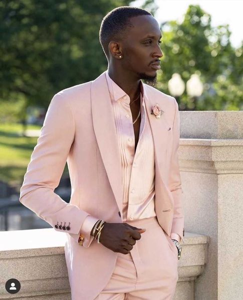 Elegante Luxo Rosa Shawl Lapel Homens Casamento Suits Tuxedo Traje Homme Terno Masculino Slim Fit Groom Bleazer 2 Pcs Jacket + Calças X0909