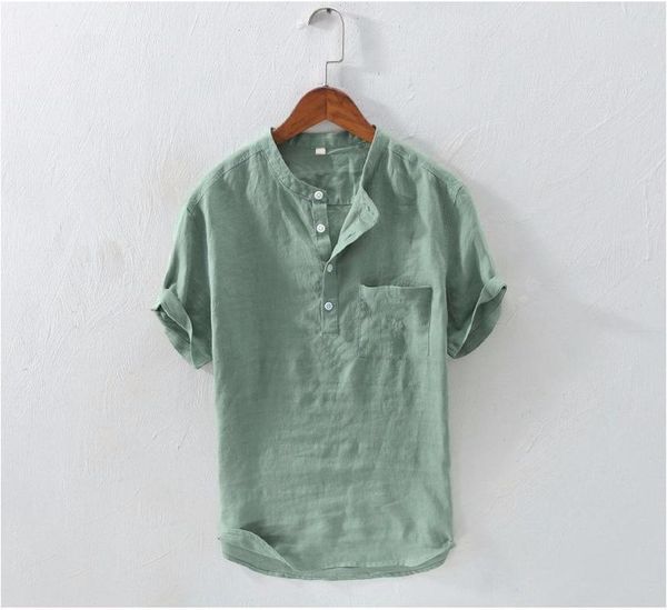 

men's casual shirts summer 2021 clothing european american wild cotton shirt solid color stand collar pocket short-sleeved, White;black
