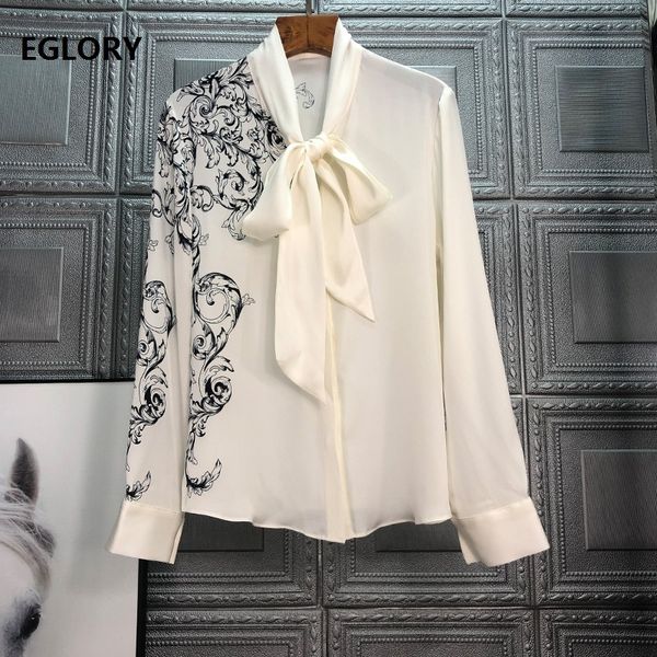 

skirts bow tie elegant blouse shirt spring summer designer fashion shirt women vintage print long sleeve white silk shirt female, Black