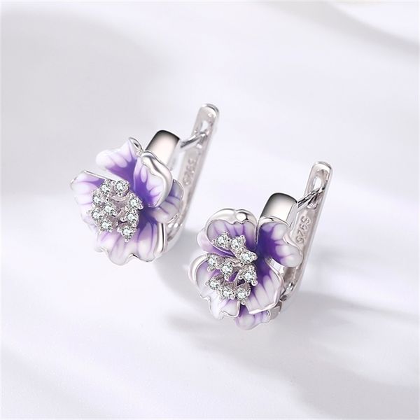 

ogulee new 925 sterling silver sparkling cz exquisite flower earrings for women gold blue enamel jewelry valentines day gift-a, Golden;silver