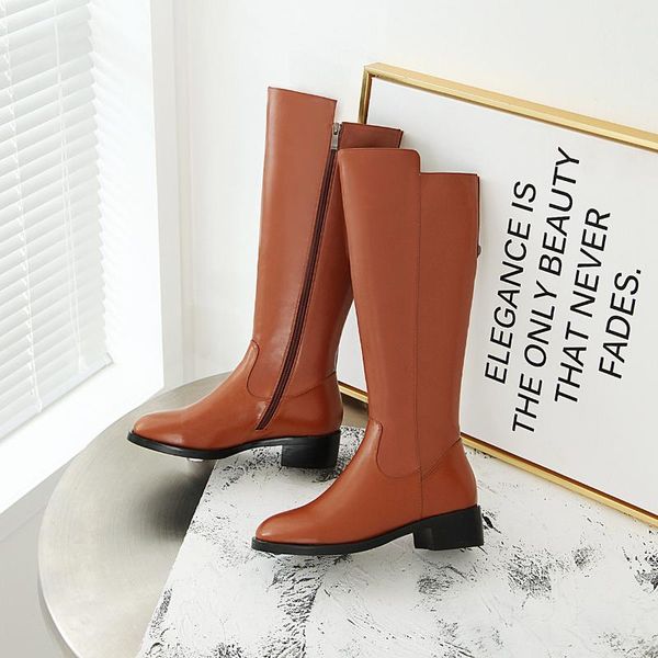 

boots women high genuine leather 2021 knee-high fashion riding large size round toe knight, Black
