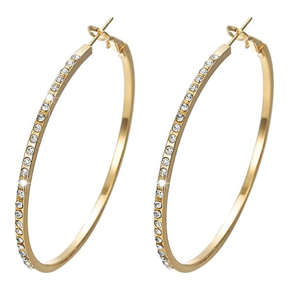 

hoop & huggie large circle earrings rhinestone all match piercing ear hoops round women jewelry, Golden;silver