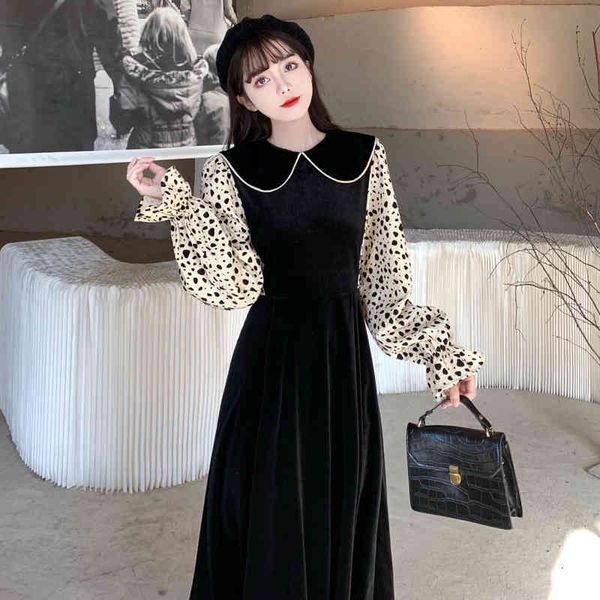 

spring large size women's dress fat mm waist slim age concealing fake two piece splicing long sleeve dress, Black