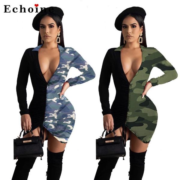 

casual dresses color patchwork matching stretch deep v-neck camouflage dress women lace up drawstring pleated asymmetric vestidos, Black;gray